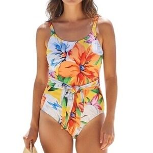 Palms Away Floral One Piece Swimsuit Womens XS Yellow Tropical‎ Tie Front NEW